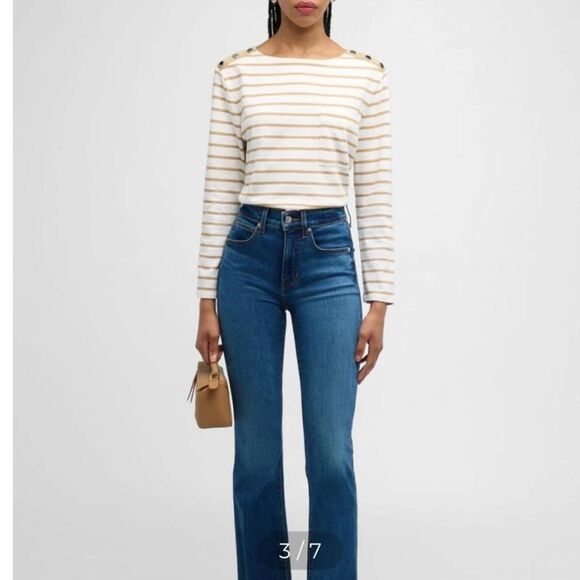 New VERONICA BEARD Hovey Striped Top Small Khaki / Off White Cotton - Picture 13 of 13